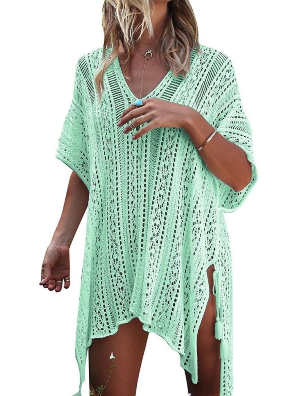 Women's Mint Polyester Crochet Cover up Swimsuit Breathable Beach Swimwear